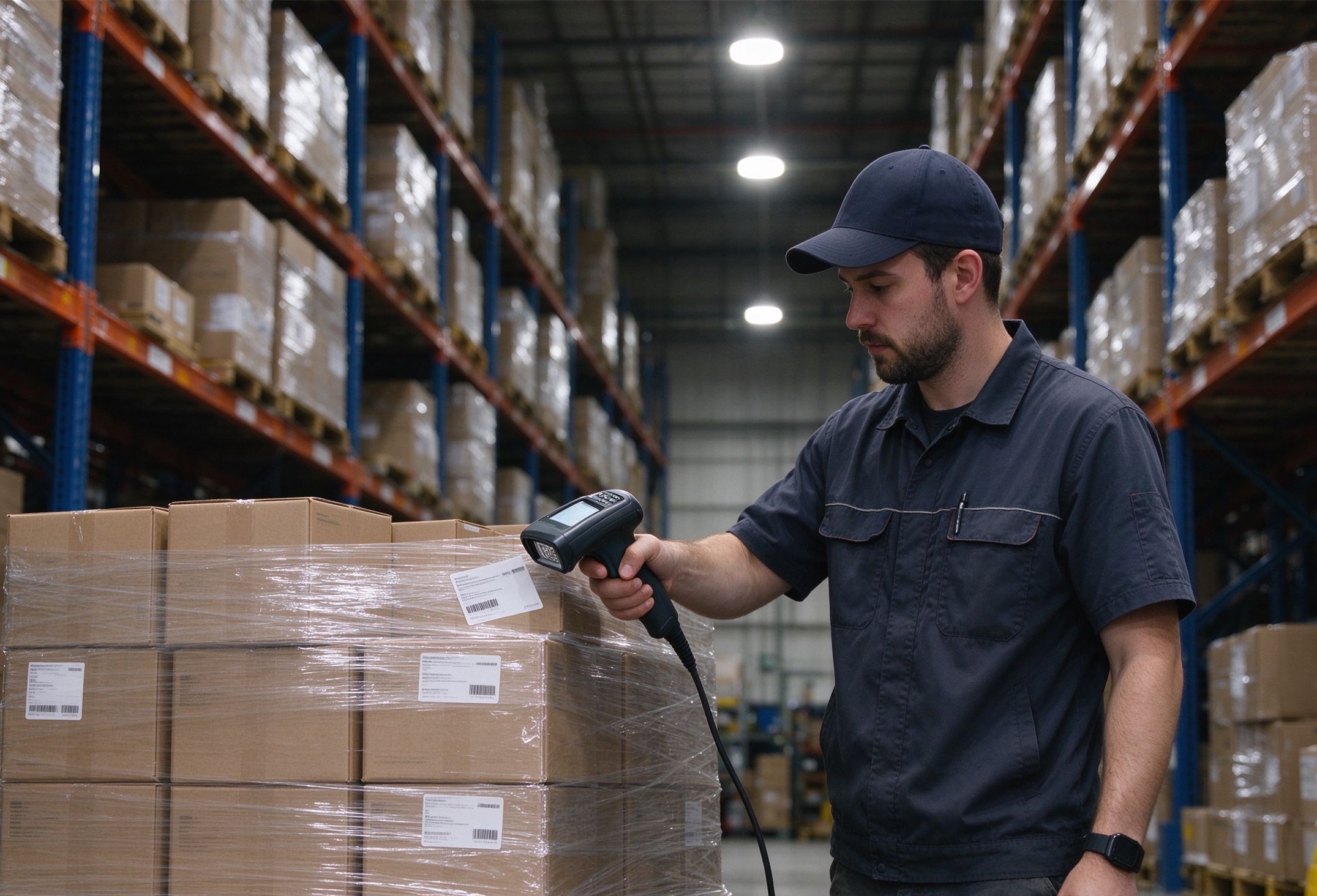 Warehouse worker scanning stock with a handheld barcode reader